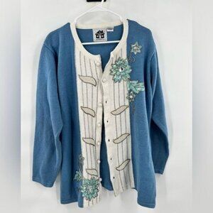 Storybook knits blue white floral embroidered embellished sweater L